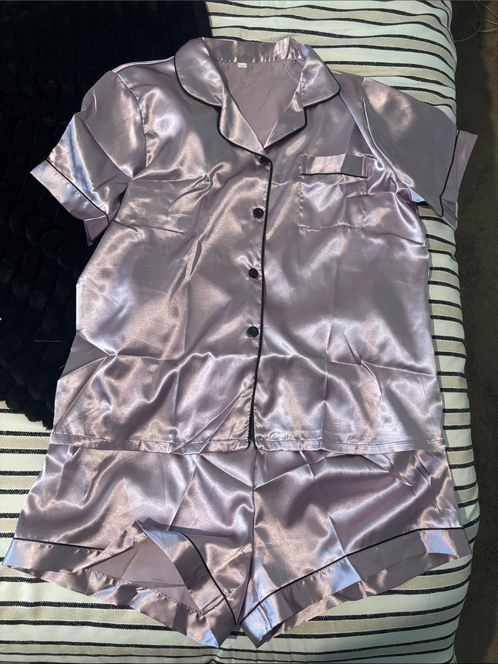 Satin Short Sleeve Pajama Set - Lavender with Black Piping